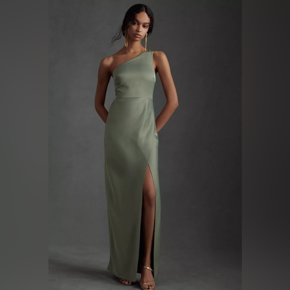 BHLDN Dylan One Shoulder Satin Side Slit Gown in Moss